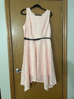 Elle Pink Lace Fit-and-Flare Dress with Black Belt